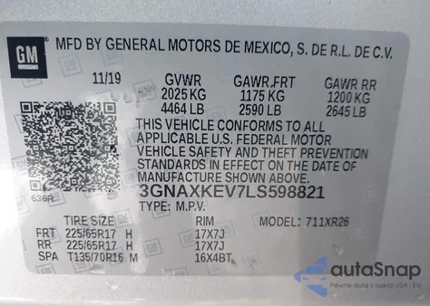 2020 Chevrolet Equinox Fwd Lt 1.5L Turbo из США, поврежденный, VIN 3GNAXKEV7LS598821